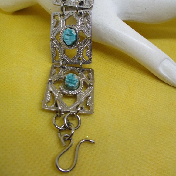 EGYPTIAN Revival SCARAB ANKH Turquoise STONE Silver Tone Metal Panel Bracelet - Picture 6 of 13